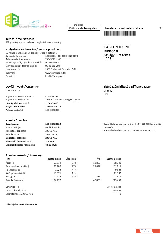 Hungary E2 business utility bill template in Word and PDF formats
